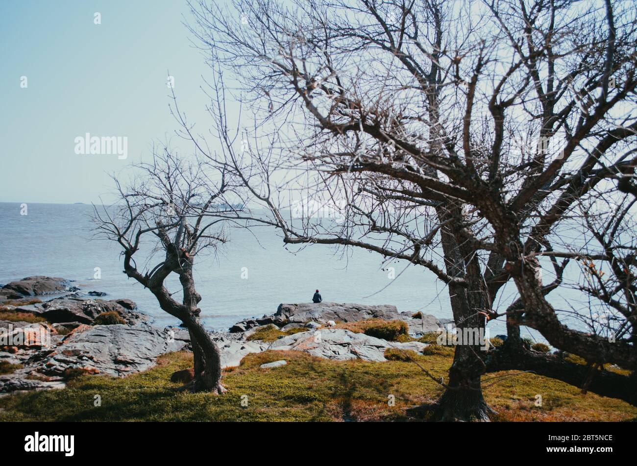 Un homme solitaire assis sur des rochers dans une vue paisible et tranquille sur le Rio de la Plata dans le site historique de Colonia del Sacramento. Banque D'Images