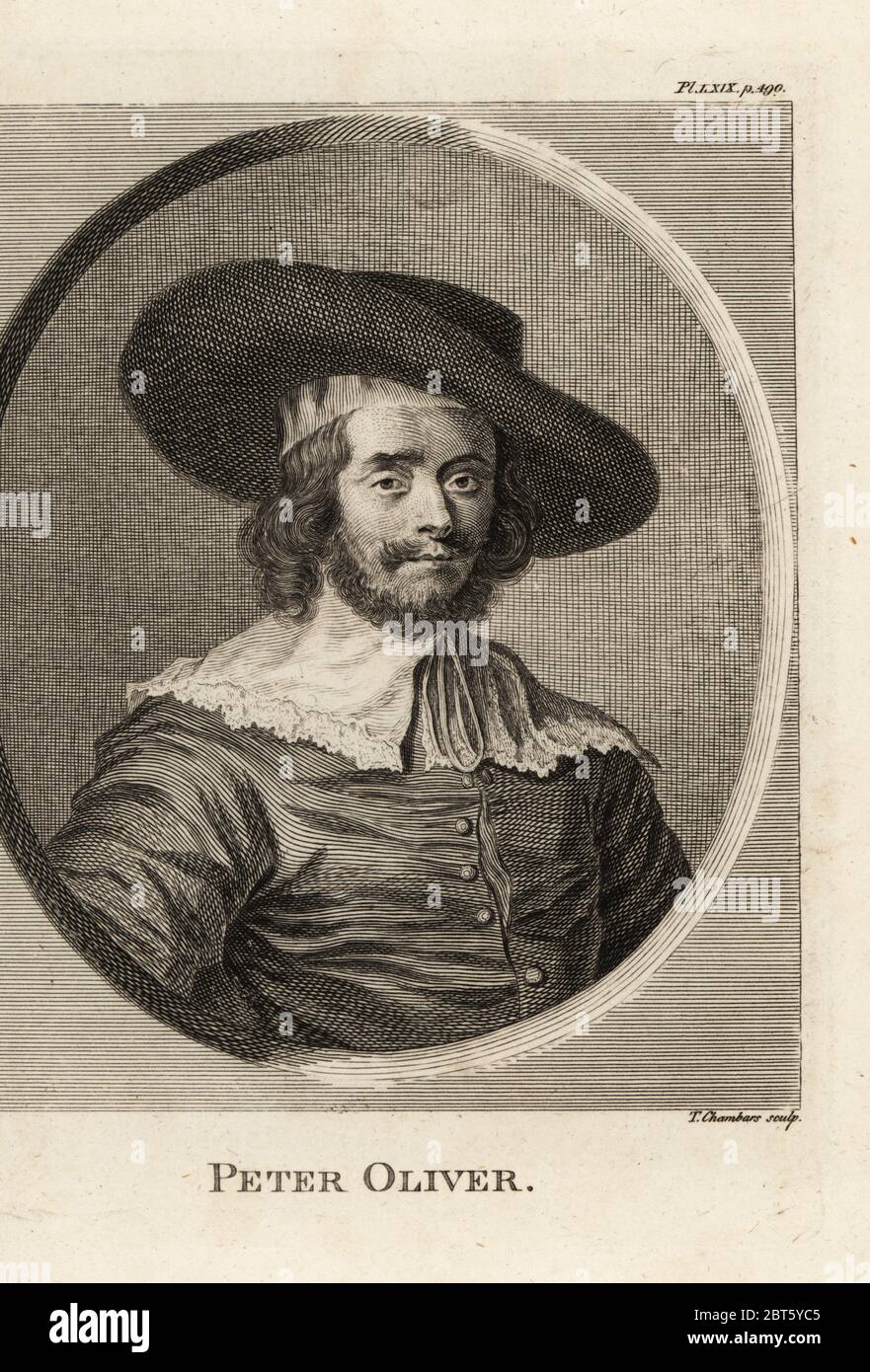 Portrait de Peter Oliver, miniaturiste et peintre anglais, fils aîné d'Isaac Oliver, 1594-1648. Gravure sur plaque de coperplate par Thomas Chambars après un autoportrait par Peter Oliver de Horace Walpole's anecdotes of Painting in England, Londres, 1808. Banque D'Images