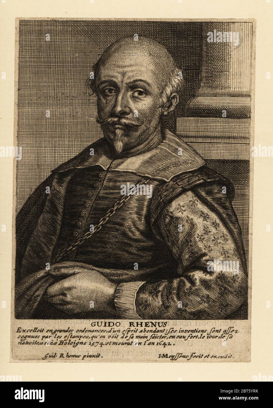 Portrait de Guido Reni, peintre italien de l'école bolognaise de la période baroque, 1575-1642. Guido Rhenus. Gravure de copperplate par Johannes Meyssens après un autoportrait de Rhenus publié dans Johannes Meyssens image de plongeurs hommes d'esprit sublime, Anvers, 1649. Banque D'Images