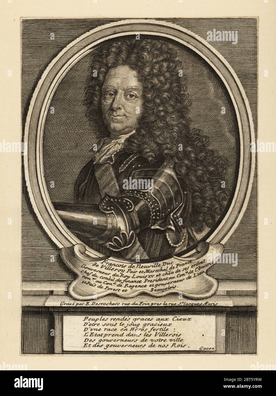 François de Neufville, 2e duc de Villeroy, soldat français, 1644-1730. Gravure sur plaque de coperplate par Etienne-Jehandier Desrochers après un portrait de Desrochers, graveur français, rue du Foin, près de la rue Saint Jacques, Paris, XVIIIe siècle. Banque D'Images