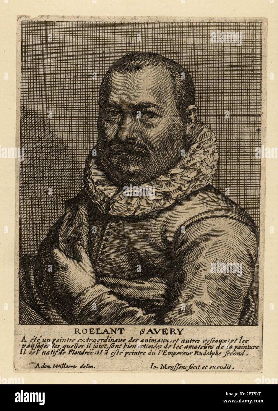 Portrait de Roelant Savery, peintre hollandais de l'âge d'or, 1576-1639. Gravure de copperplate par Johannes Meyssens après un portrait d'Adam Willaerts publié dans Johannes Meyssens's image de divers hommes d'esprit sublime, Anvers, 1649. Banque D'Images