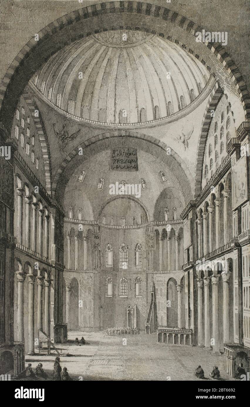Époque Empire ottoman. Turquie. Constantinople (aujourd'hui Istanbul). Hagia Shopia. Basilique byzantine transformée en mosquée. Vue intérieure. Gravure par Lemaitre et Dumouxa. Historia de Turquia de Joseph Marie Jouannin (1783-1844) et Jules Van Gaver, 1840. Banque D'Images