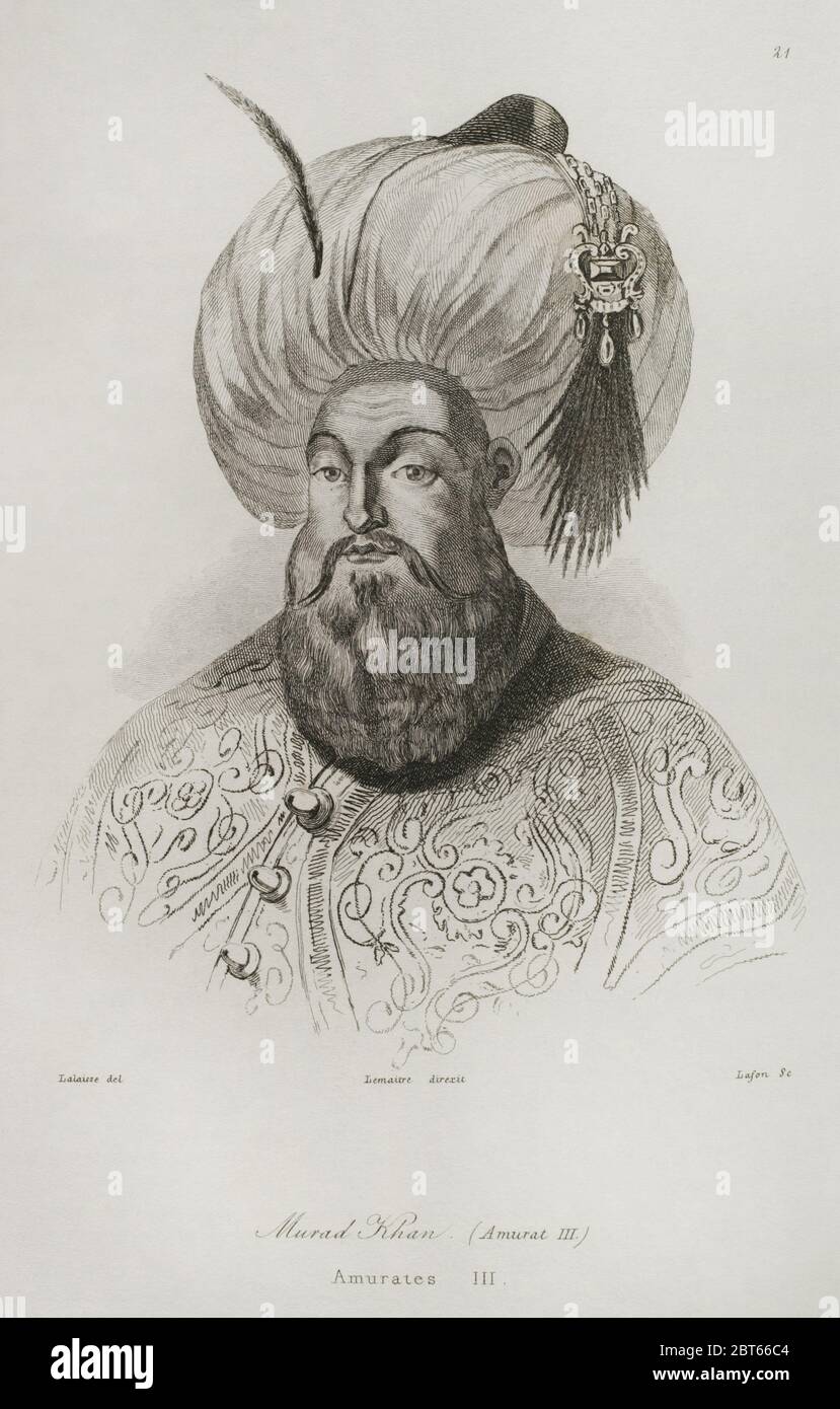 Murad III (1546-1595), Sultan de l'empire ottoman (1574-1595). Il était le fils aîné du sultan Selim II (1566-1574). Portrait. Gravure par Lemaitre, Lalaisse et Lafon. Historia de Turquia par Joseph Marie Jouannin (1783-1844) et Jules Van Gaver, 1840. Banque D'Images