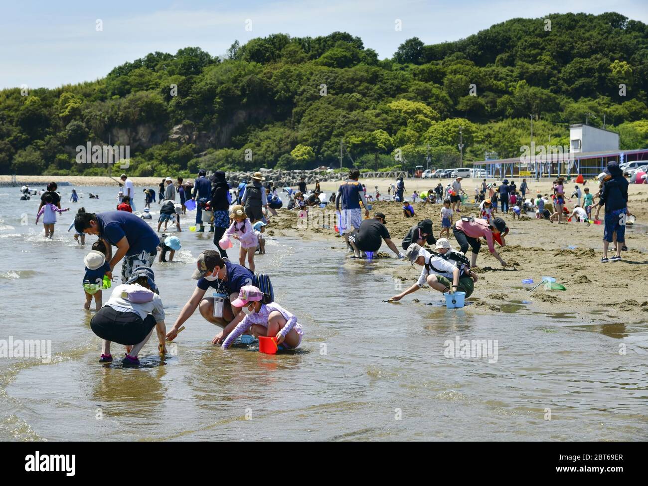 Les gens creusent pour des palourdes -- une activité de loisirs populaire au Japon -- à une plage de Himeji, préfecture de Hyogo, le 23 mai 2020, deux jours après la levée de l'état d'urgence d'un coronavirus dans la préfecture de l'ouest du Japon, ainsi que dans les préfectures voisines d'Osaka et de Kyoto. (Kyodo)==Kyodo photo via Newscom Banque D'Images