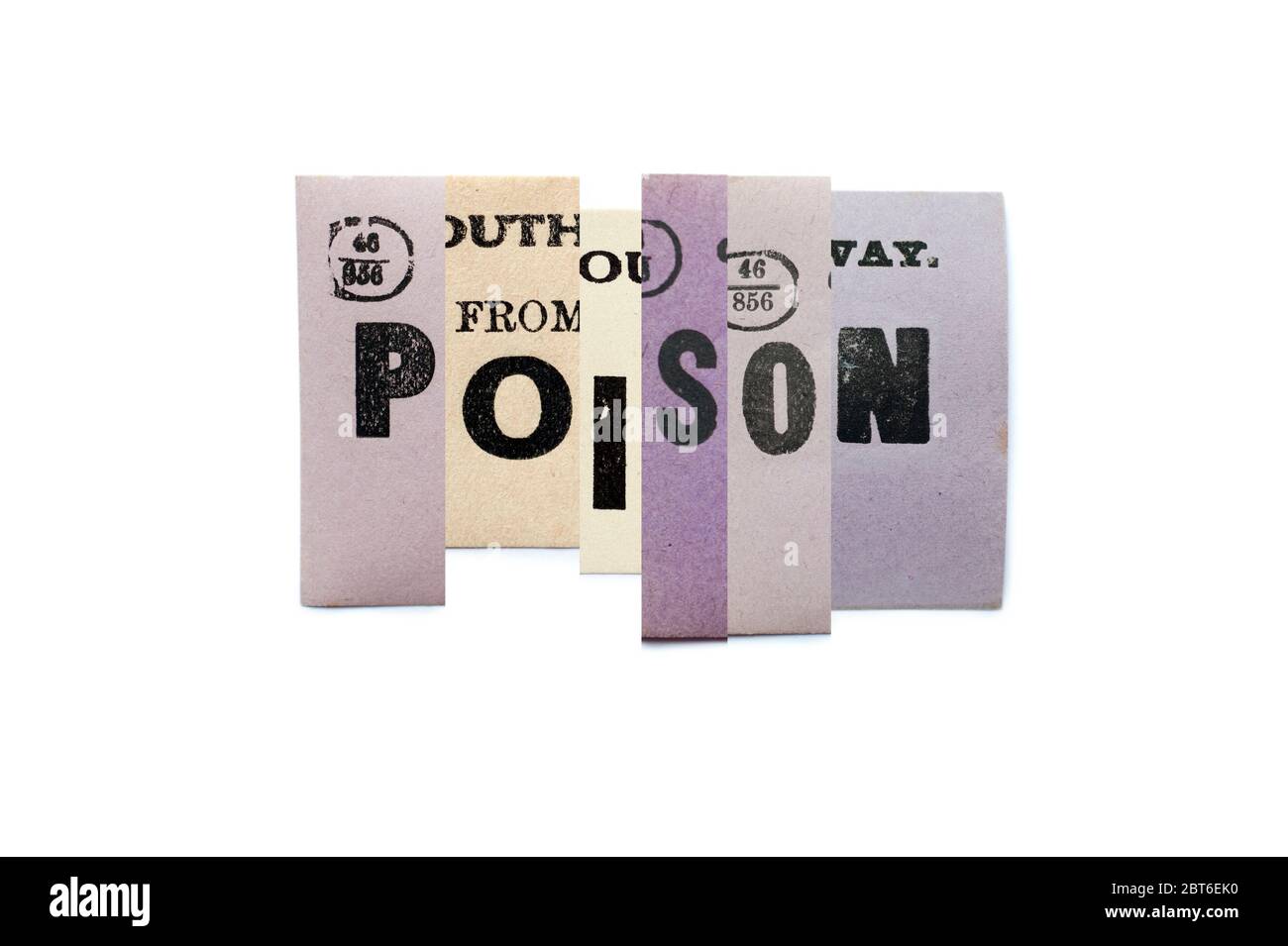 Poison, bandes de collage de papier sur blanc Banque D'Images