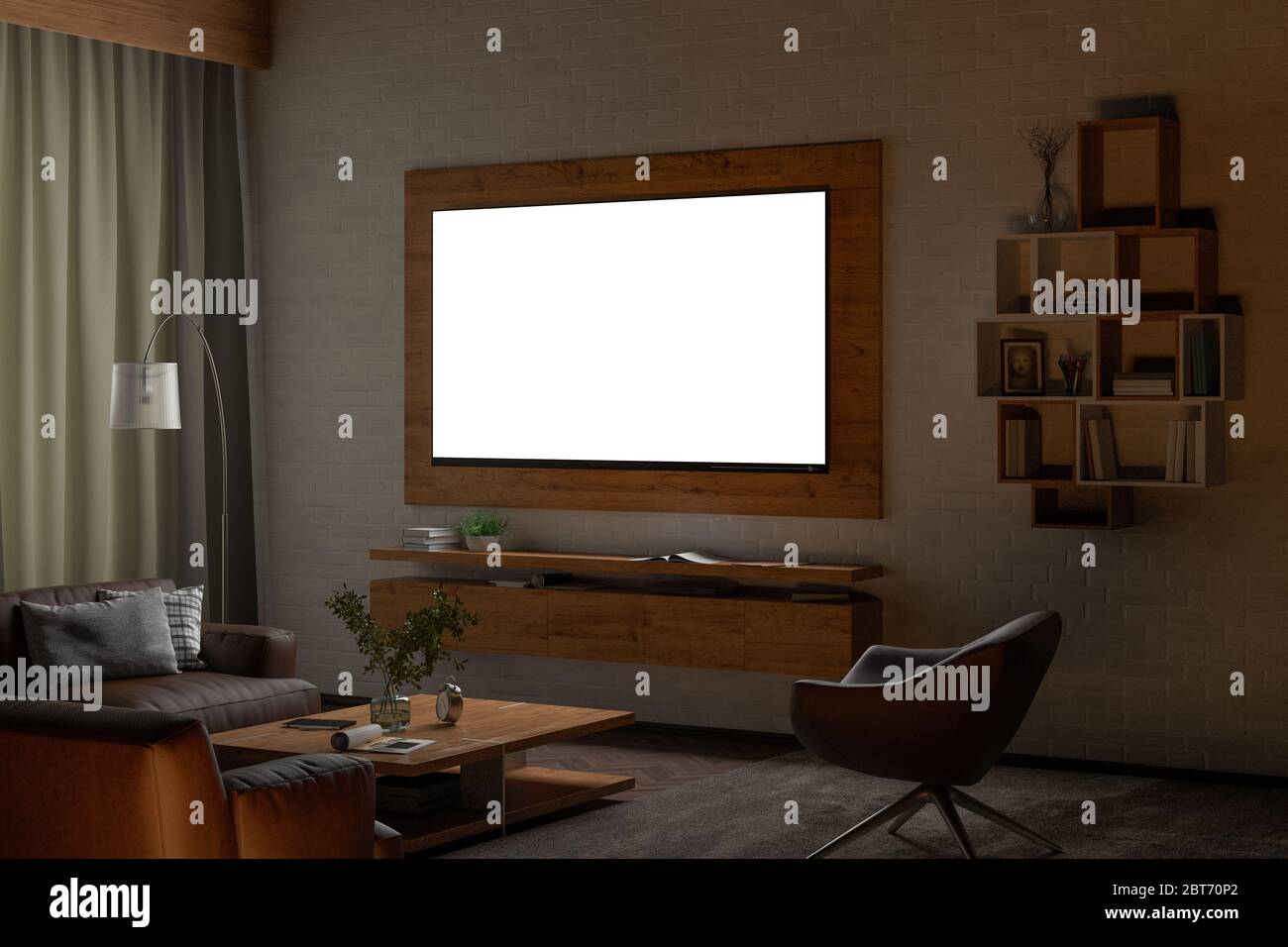 Téléviseur lumineux la nuit sur le mur de briques blanches du salon moderne. Masque autour de l'écran. illustration 3d Banque D'Images