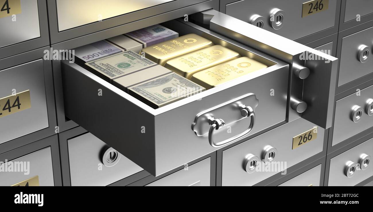Coffre-fort, argent liquide et lingots d'or dans un tiroir, concept de garde de valeur. Ouvrez le panneau de fermeture du casier métallique. illustration 3d Banque D'Images