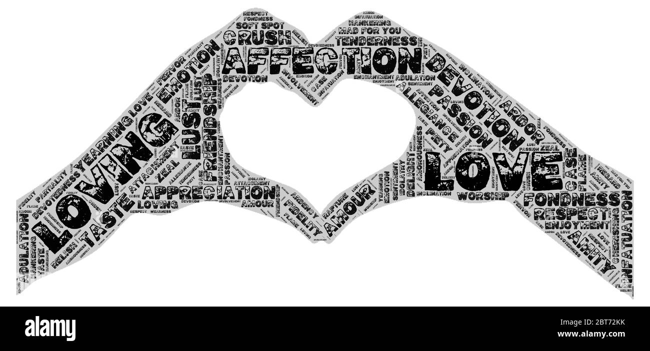 Nuage de mot d'amour en forme de coeur avec des mains de maintien Banque D'Images