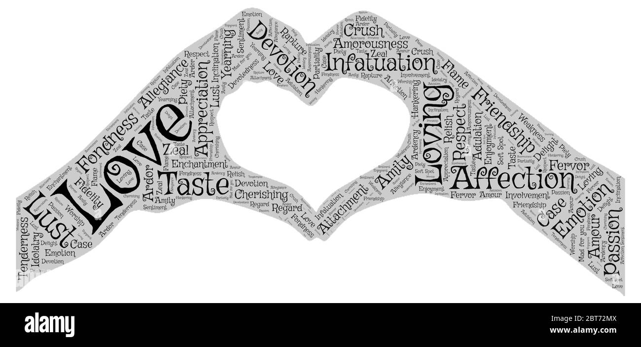 Nuage de mot d'amour en forme de coeur avec des mains de maintien Banque D'Images