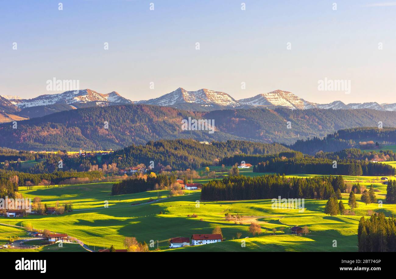 Allgäu paysage avec montagnes, champs et forêt au printemps. Bavière, Allemagne Banque D'Images