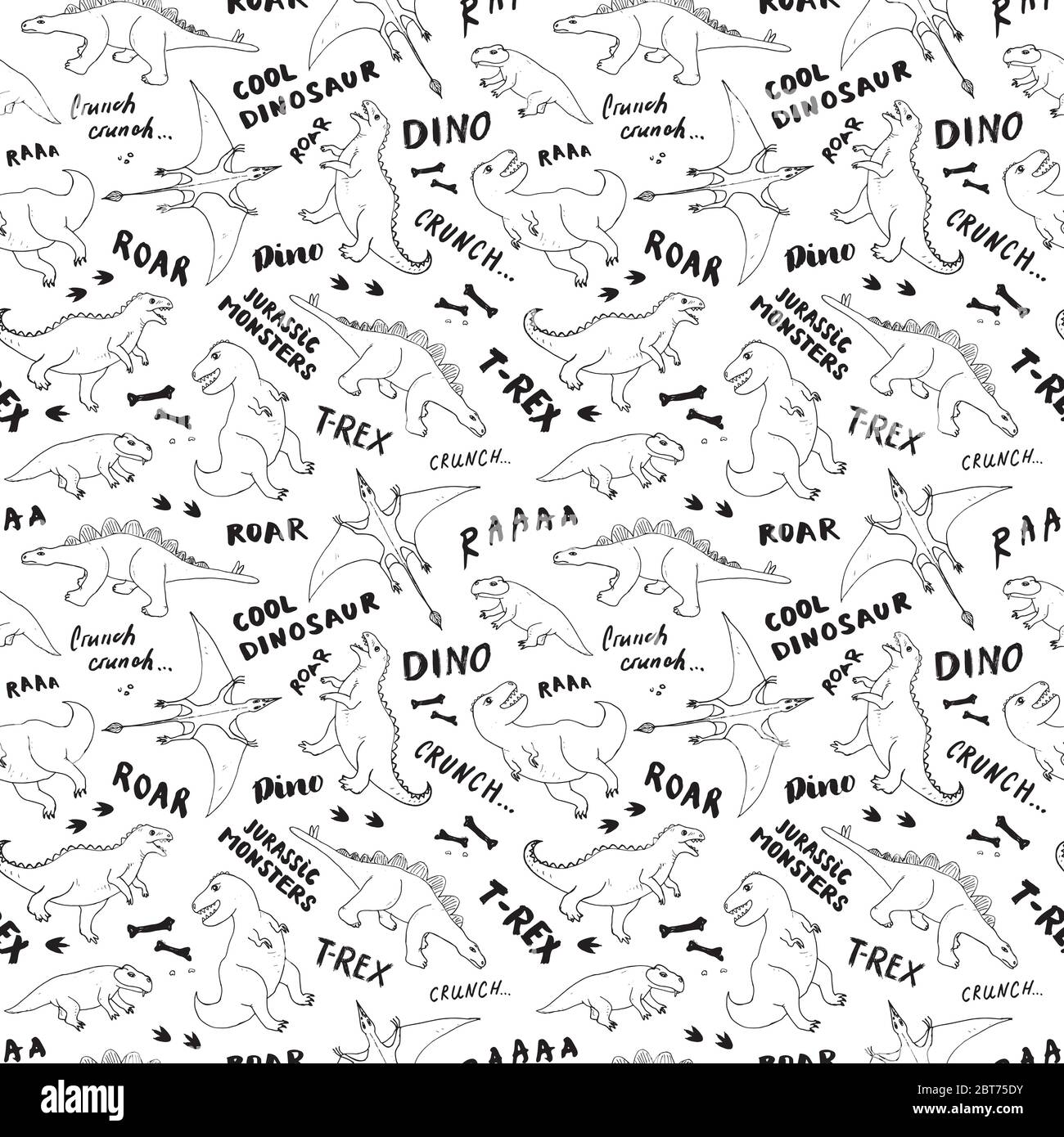 Motif Dino sans couture, joli dessin animé Dinosaurs dessin main dessin dessin vectoriel Illustration. Illustration de Vecteur