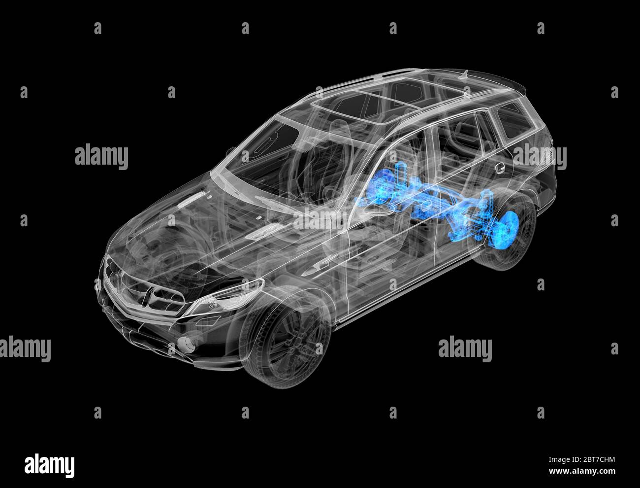 Illustration 3D technique d'une voiture SUV avec effet de rayons X. Freins arrière et systèmes de suspension. Vue en perspective sur fond noir. Banque D'Images