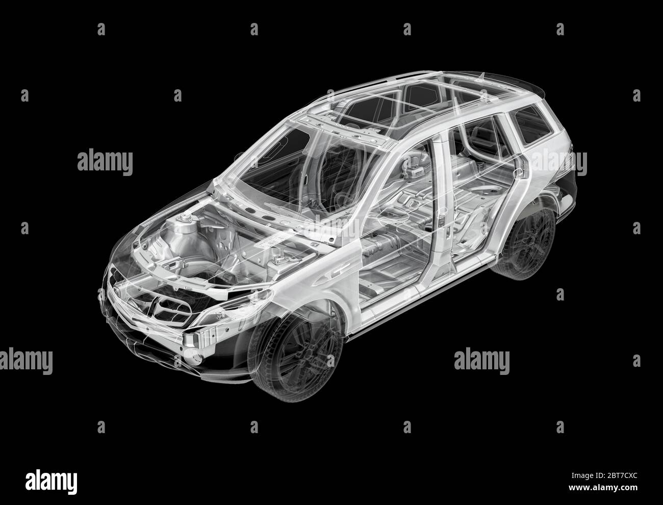 Illustration 3D technique d'une voiture SUV avec effet de rayons X et système de châssis. Vue en perspective sur fond noir. Banque D'Images