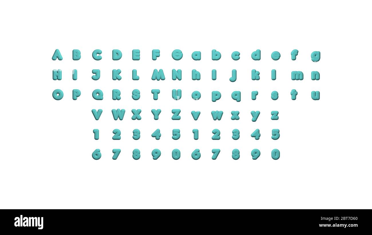 Des alphabets et des nombres 3D avec des perspectives correspondantes de chaque côté pour construire des mots avec calligraphie détaillée sur un blanc Banque D'Images