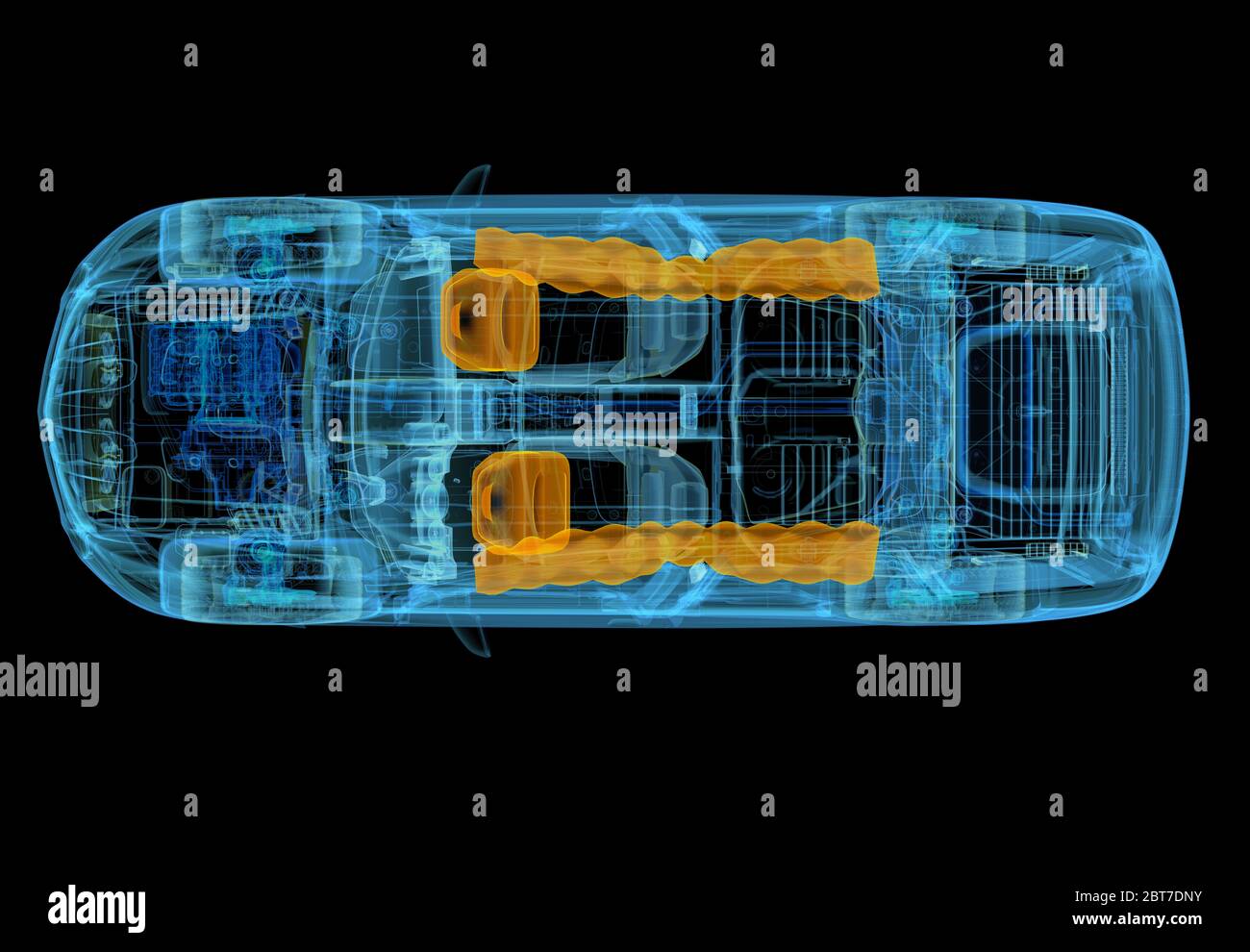 Illustration 3D technique d'un SUV avec effet de rayons X et système d'airbags. Vue de dessus sur fond noir. Banque D'Images