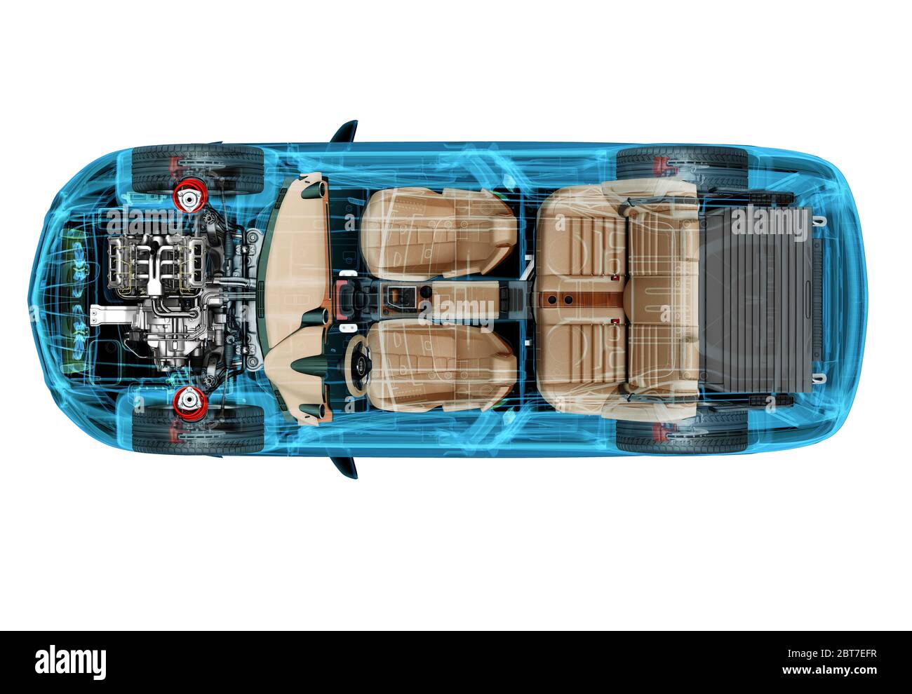 Illustration 3D technique d'une voiture SUV avec effet de rayons X. Vue de dessus. Moteur, roues et intérieur. Sur fond blanc. Banque D'Images