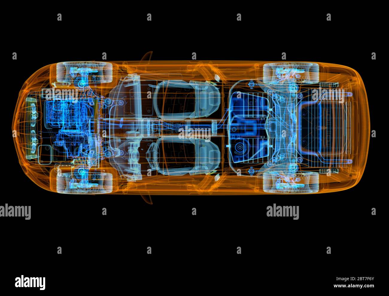 Illustration 3D technique d'une voiture SUV avec effet de rayons X. Vue de dessus. Sur fond noir. Banque D'Images