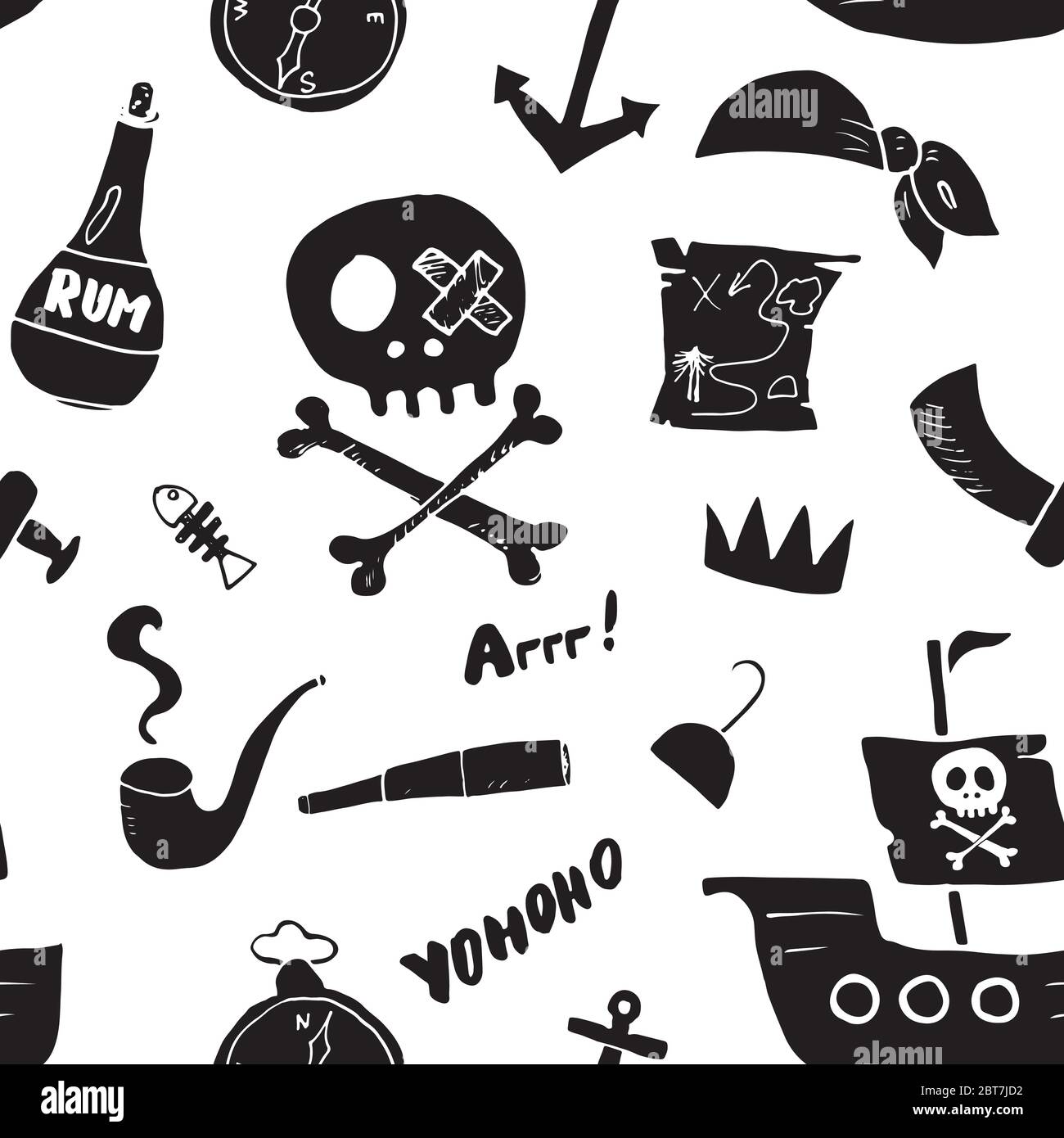 Motif pirate Doodles sans coutures. Croquis des objets pirate mignons. Illustration du vecteur de dessin animé à la main. Illustration de Vecteur