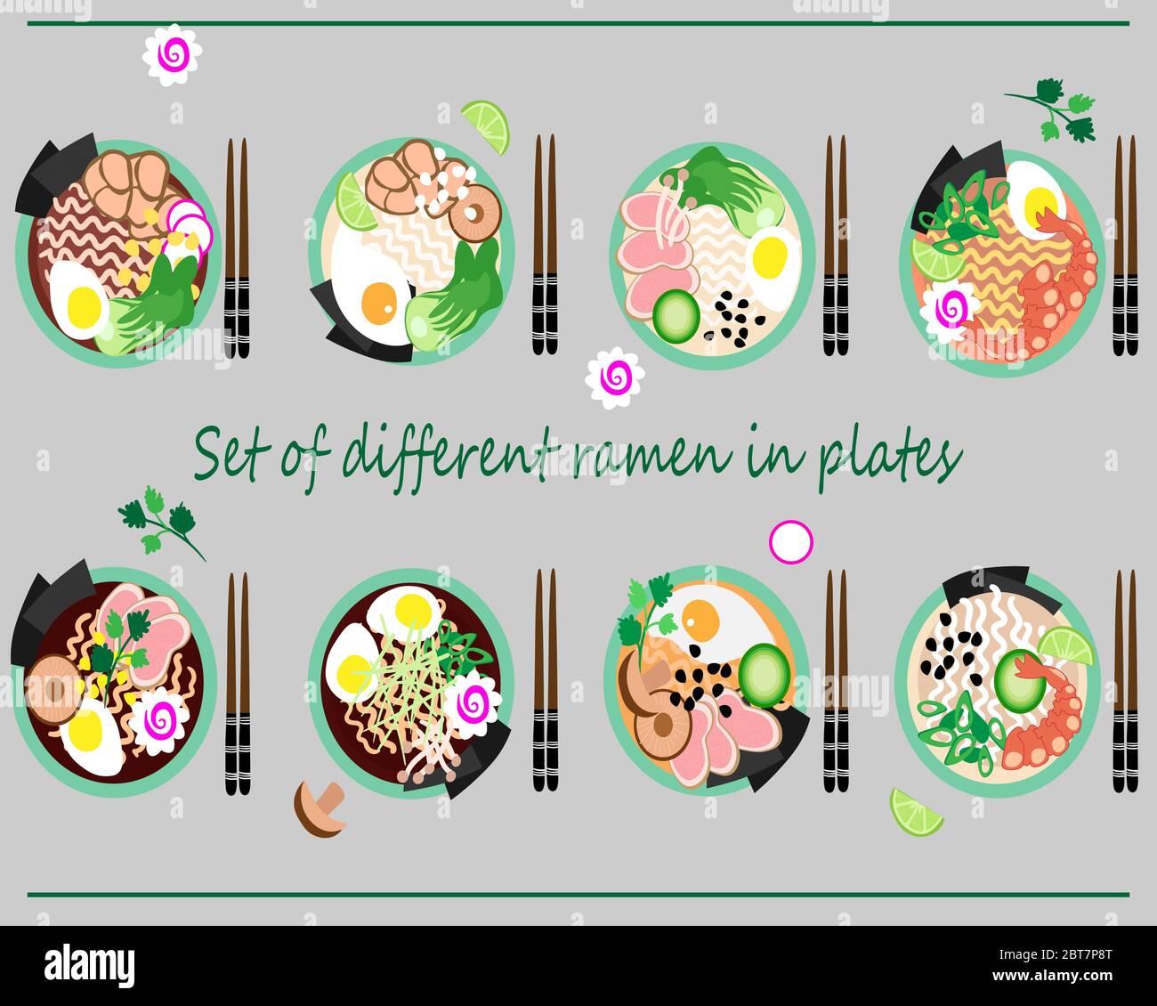 ensemble de soupes de ramen coréen, bols de style différent. Design pour le menu du restaurant, cartes cadeaux, produits souvenirs, affiches. Illustration de Vecteur