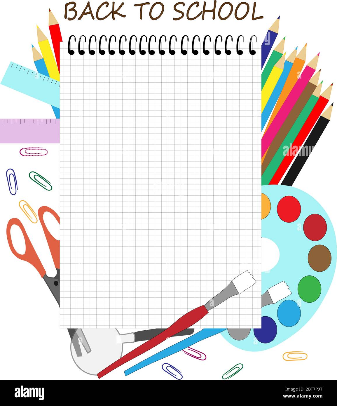 Illustration vectorielle de la rentrée avec fournitures scolaires et papier pour bloc-notes pour l'espace de copie Illustration de Vecteur