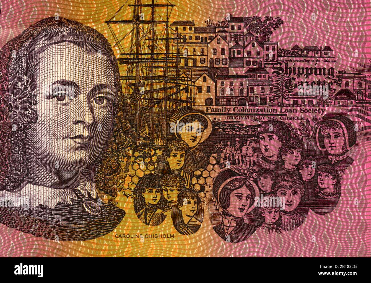 Portrait de Caroline Chisholm sur l'ancien billet de banque australien de 5 $. Chisholm (1808 – 1877) était un humanitaire anglais du XIXe siècle connu surtout pour elle Banque D'Images