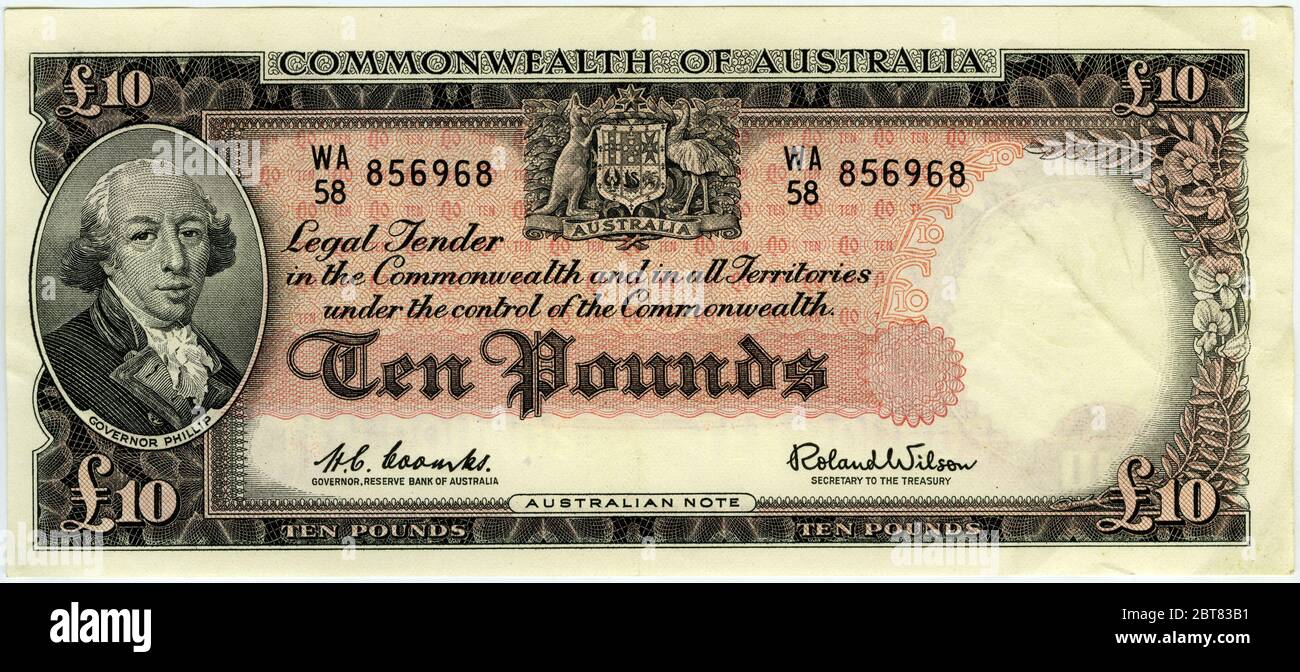 Billet de banque australien de 10 livres mettant en vedette le gouverneur Phillip, émis entre 1954 et 1959 Banque D'Images
