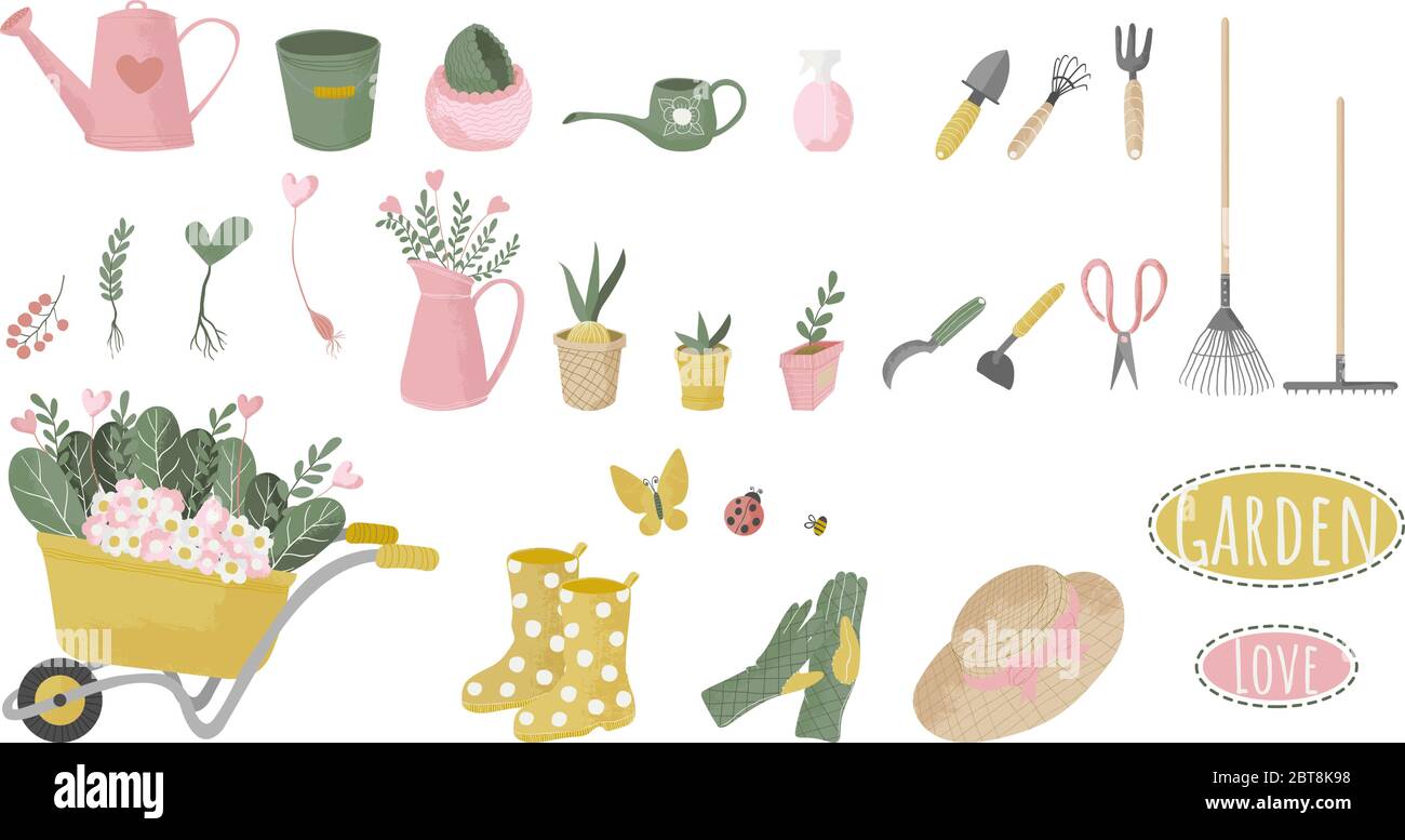 Ensemble d'icônes de jardinage, dessins animés plats avec texture. Illustrations vectorielles dessinées à la main de jardinage. Le joli jardin est un travail de main. Outil jardin Illustration de Vecteur