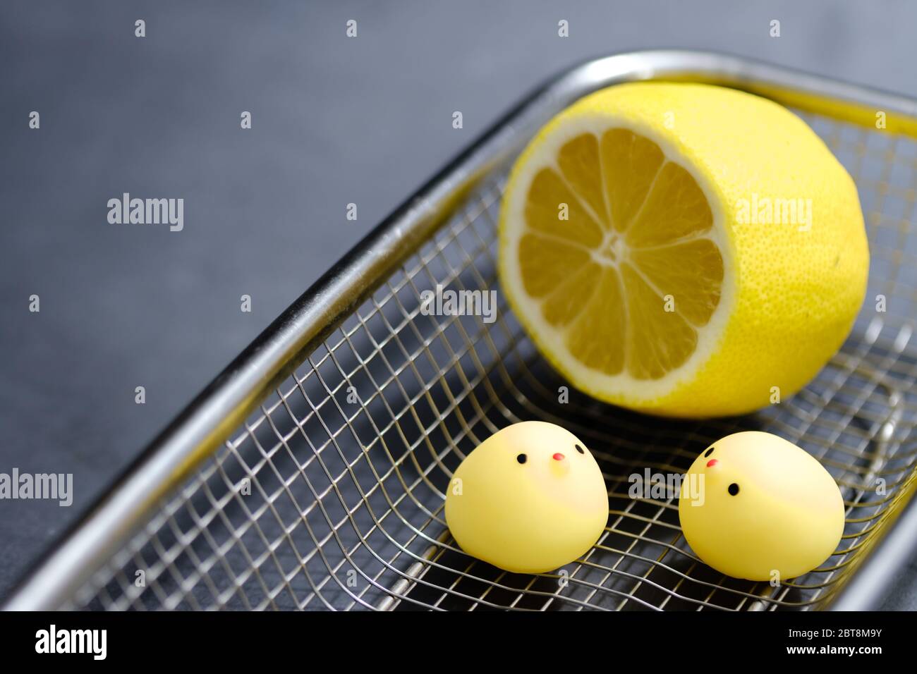 jouet de poulet avec citron dans un panier en métal Banque D'Images