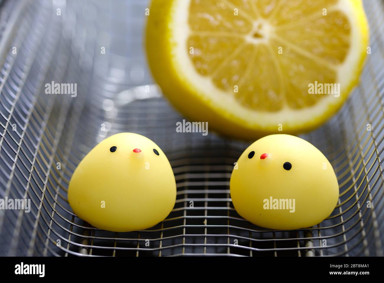 jouet de poulet avec citron dans un panier en métal Banque D'Images