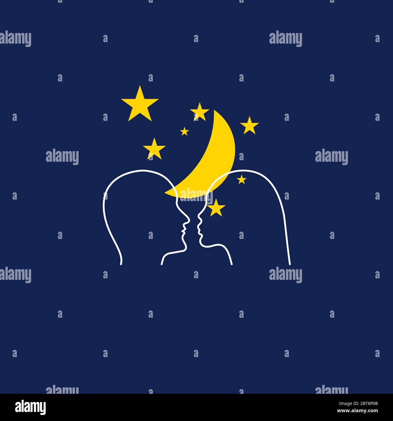 Homme et femme sur fond d'étoiles et de lune. Rencontres romantiques en ligne. Icône amour. Deux profils Illustration de Vecteur