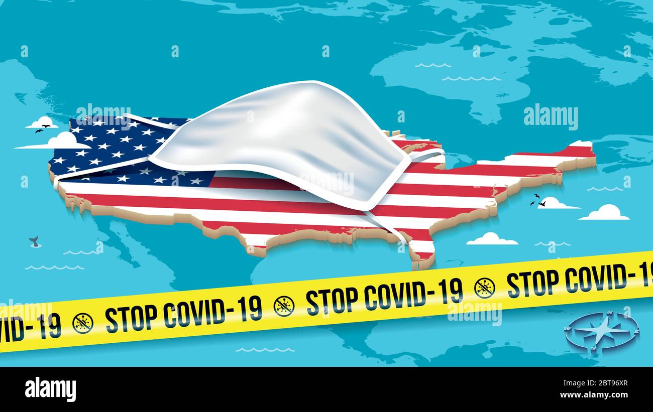 Carte des États-Unis d'Amérique avec drapeau américain, masque facial et ruban barrière - Stop Covid-19 Illustration de Vecteur