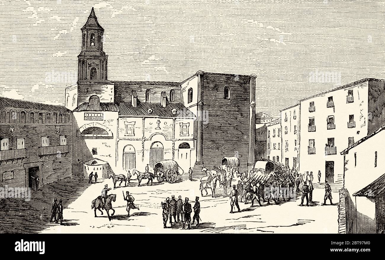 Guerres de la liste des Carlist. Troupes sur la place de l'église à Lerin, Navarre. Espagne, Europe. Illustration gravée du XIXe siècle, El Mundo en la Mano 1878 Banque D'Images