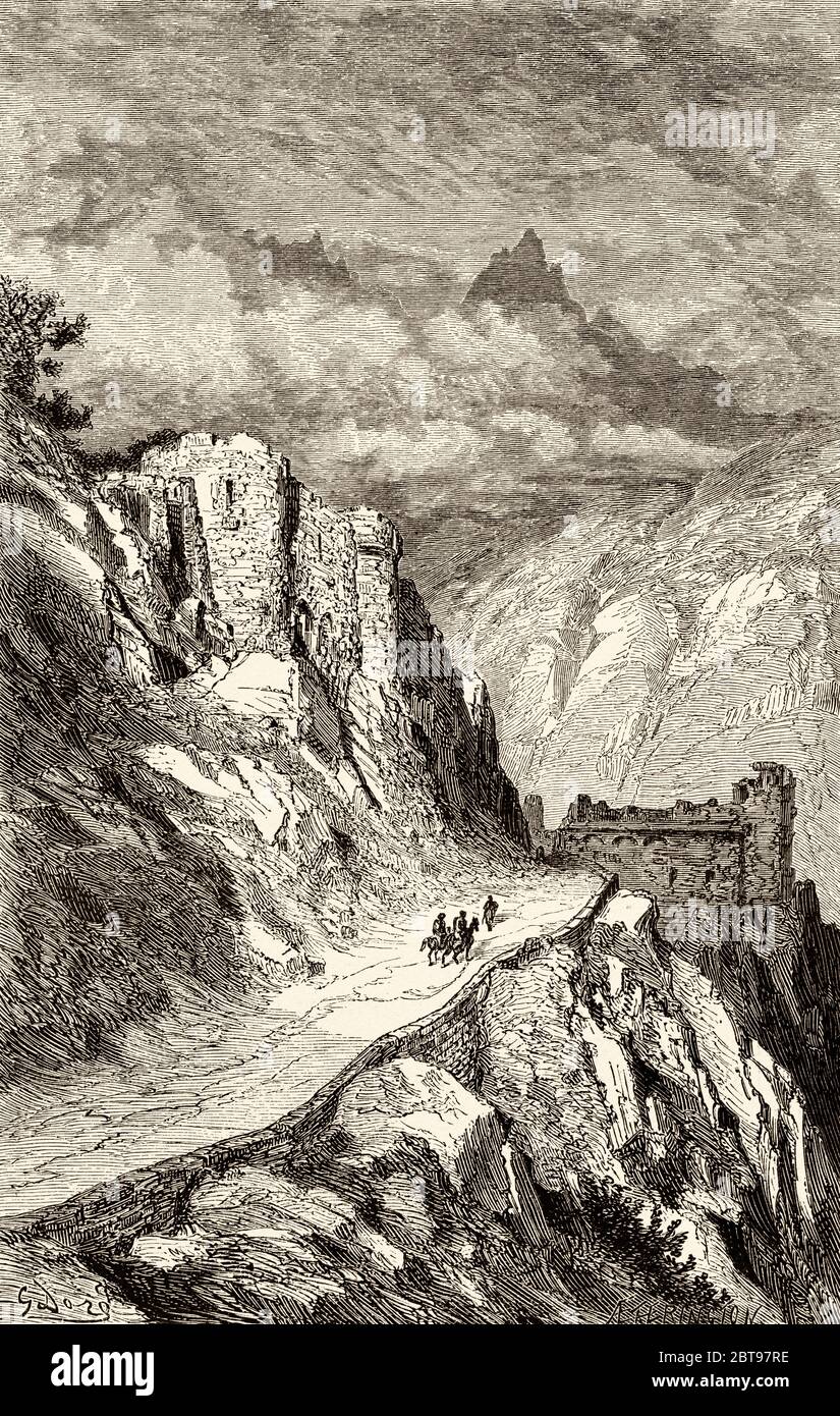 Les voyageurs arrivant à fort Bellagarde, XVIIe siècle, le Perthus, Pyrénées orientales. France, Europe Banque D'Images