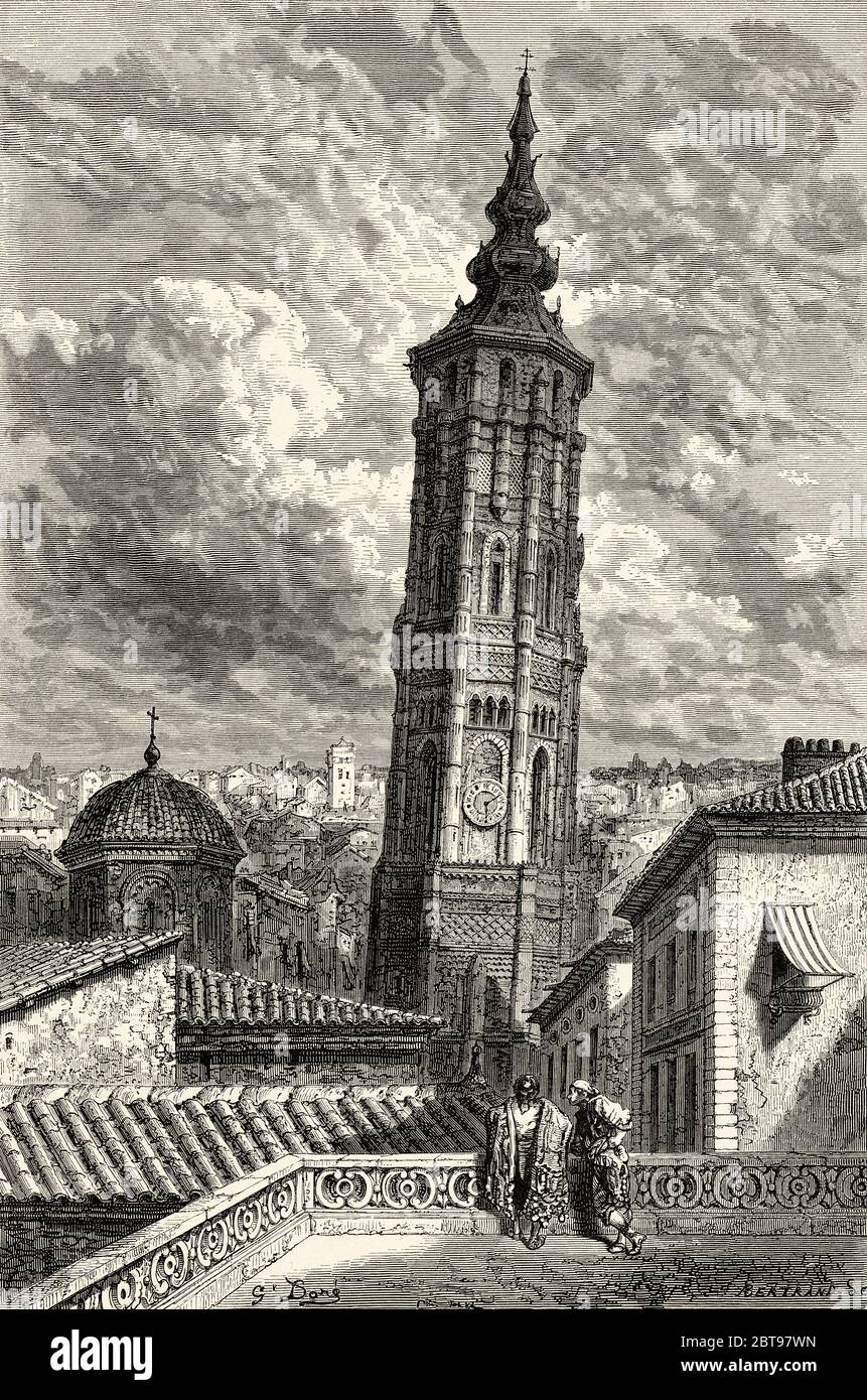 Torre Nueva. Tour penchée de Saragosse, Aragon. Espagne, Europe. Illustration gravée du XIXe siècle, El Mundo en la Mano 1878 Banque D'Images