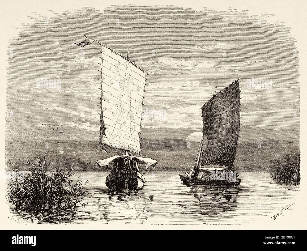 Les voiliers de la rivière Pei-ho (rivière Hai), en Chine. Ancienne illustration gravée du XIXe siècle, Voyage à Pékin et Chine du Nord 1873 Banque D'Images
