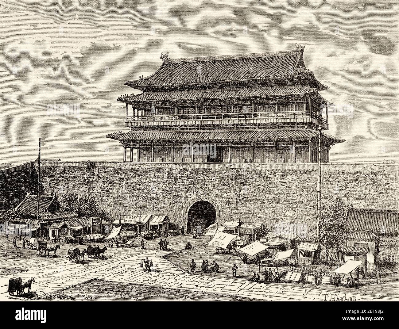 Porte Tiananmen, Pékin, Chine. Ancienne illustration gravée du XIXe siècle, Voyage à Pékin et Chine du Nord 1873 Banque D'Images
