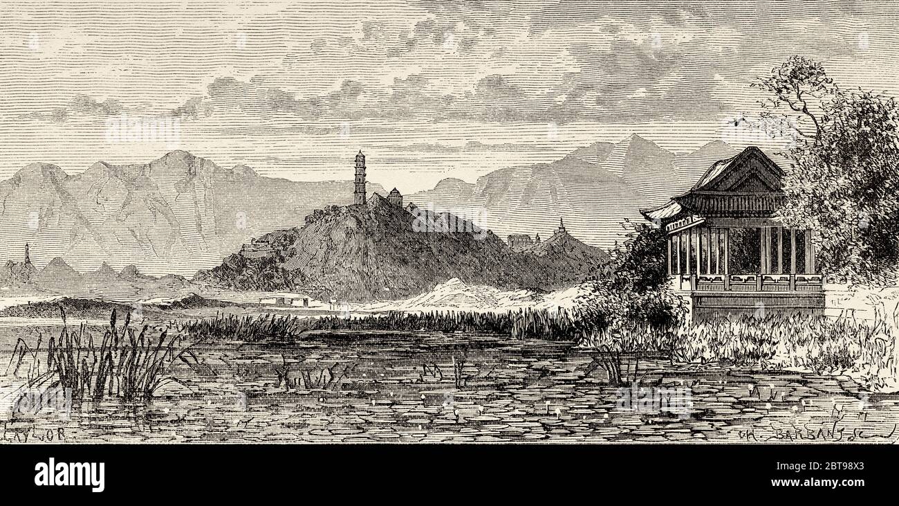 Le pavillon de pique-nique et Jasper Hill, en Chine. Ancienne illustration gravée du XIXe siècle, Voyage à Pékin et Chine du Nord 1873 Banque D'Images