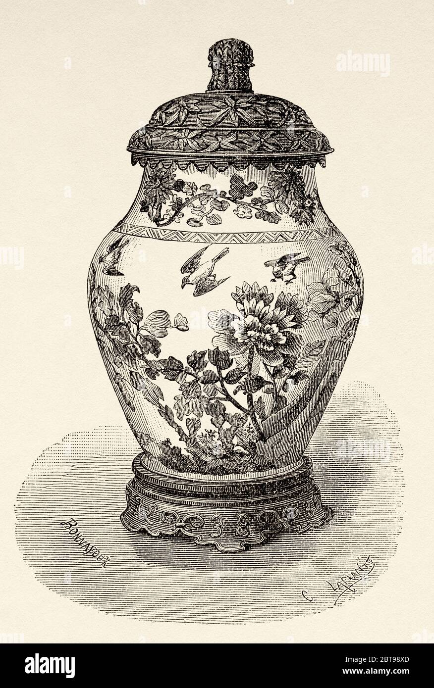 Vases en porcelaine émaillée, de la dynastie chinoise Ming, Chine. Ancienne illustration gravée du XIXe siècle, Voyage à Pékin et Chine du Nord 1873 Banque D'Images