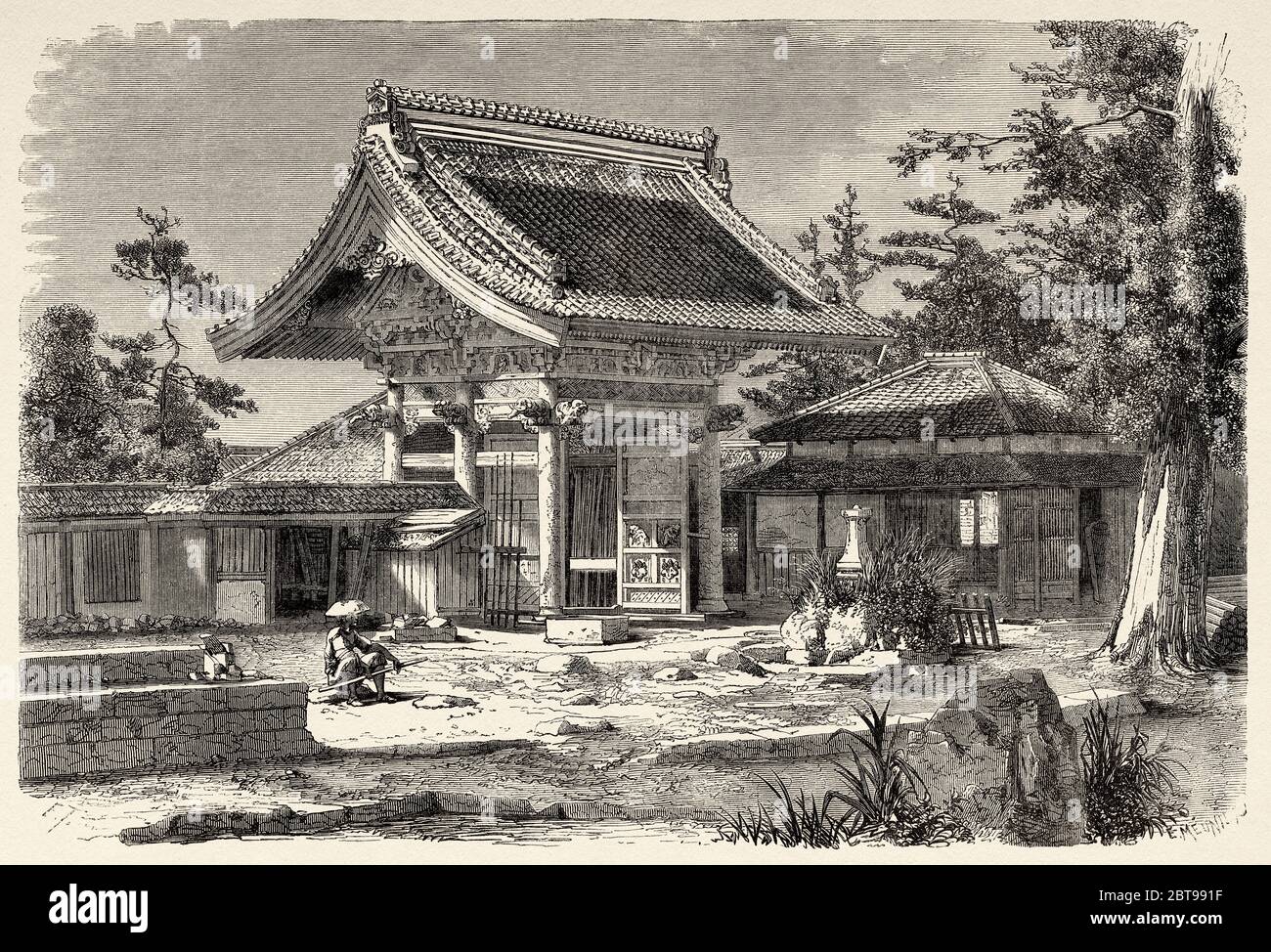 Maison de campagne dans les environs de Beijing, Chine. Ancienne illustration gravée du XIXe siècle, Voyage à Pékin et Chine du Nord 1873 Banque D'Images