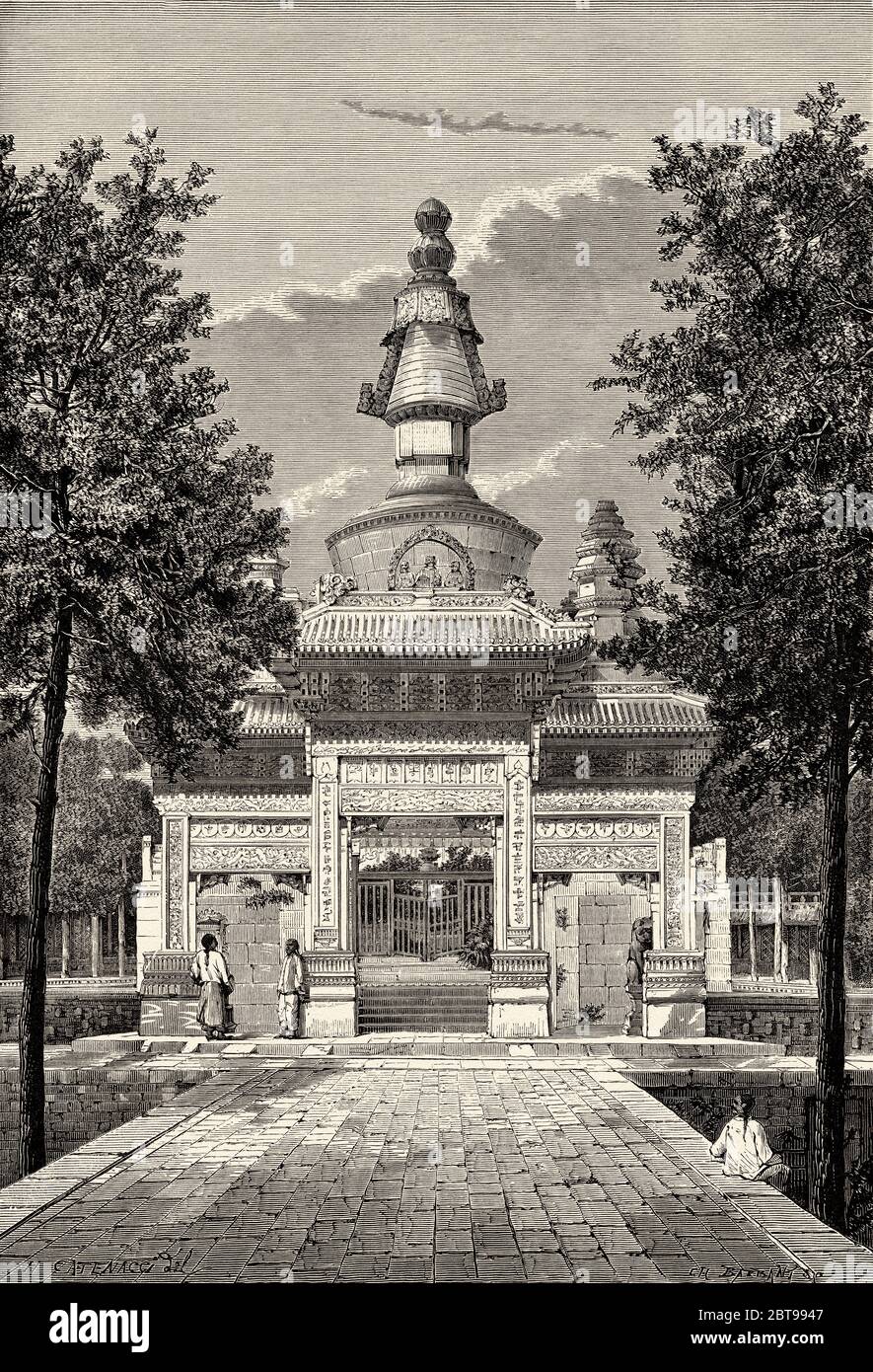 Stupa indien construit à la mémoire du premier grand lama qui est venu à Pékin, en Chine. Ancienne illustration gravée du XIXe siècle, Voyage à Pékin et Chine du Nord 1873 Banque D'Images