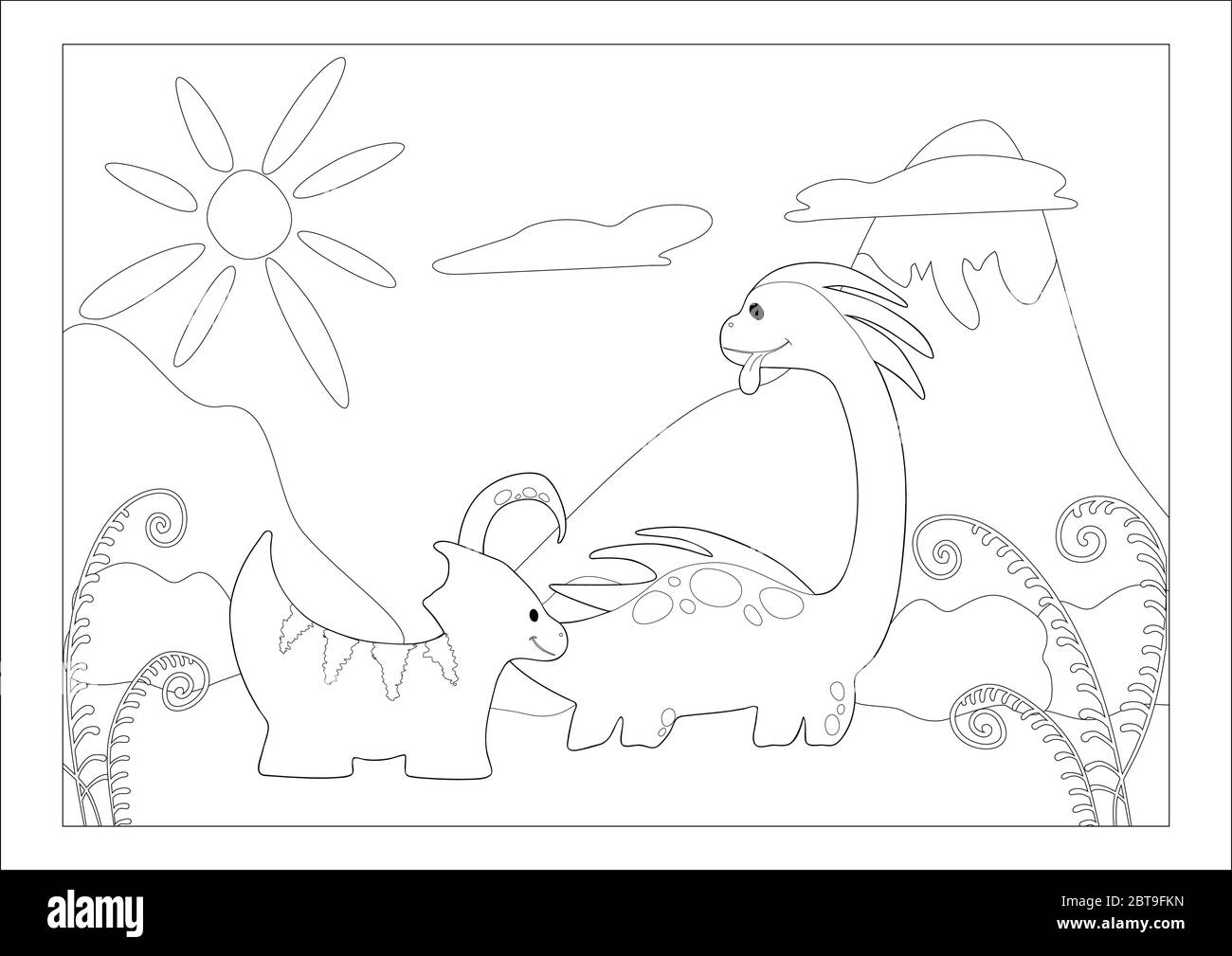 Livre de coloriage. Dinosaure drôle dans un paysage préhistorique. Personnage de dessin animé et de vecteur isolé sur fond. Illustration de Vecteur