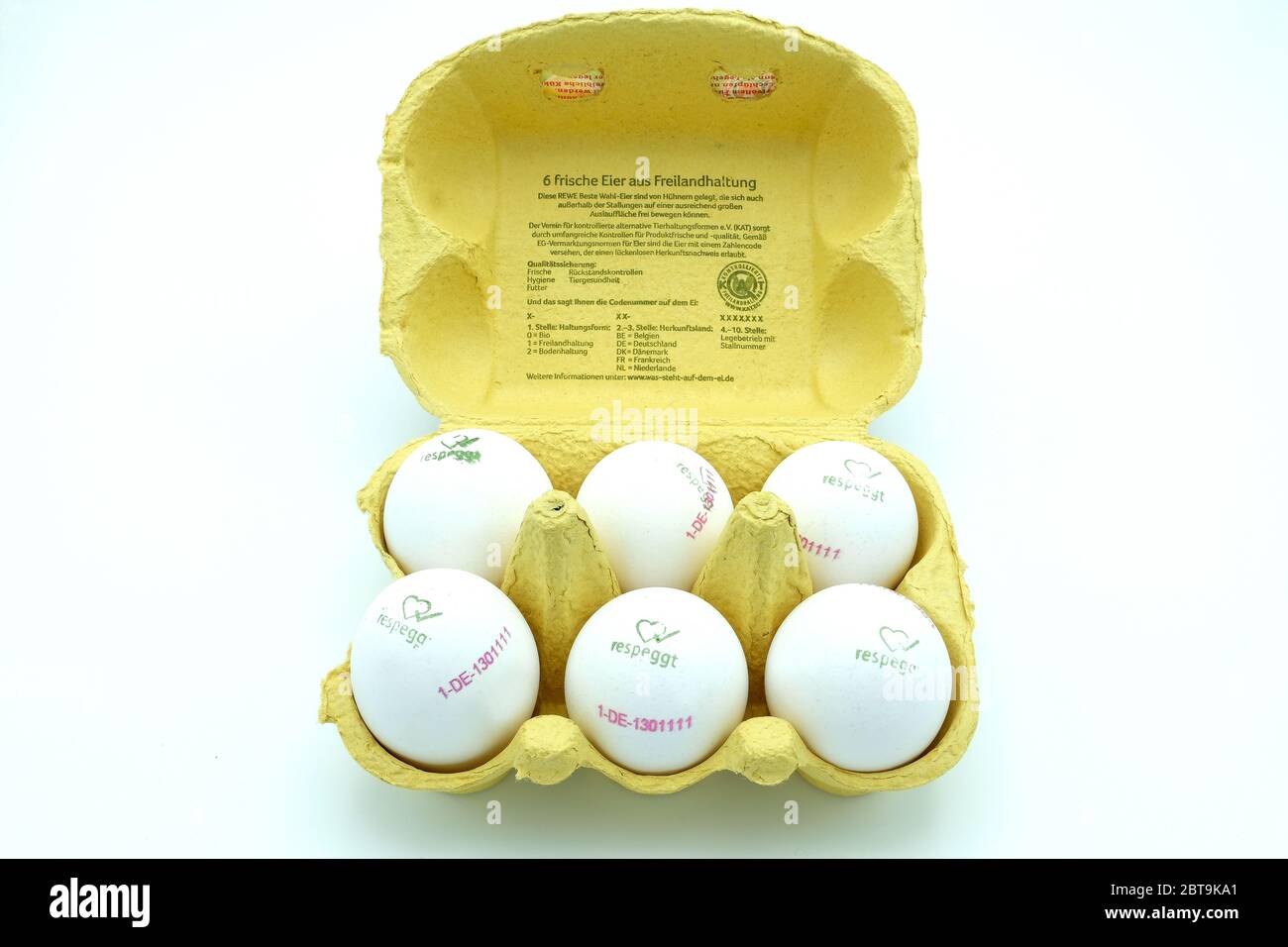 Une boîte à œufs pleine d'une demi-douzaine d'œufs blancs à portée libre marqués respeggt Banque D'Images