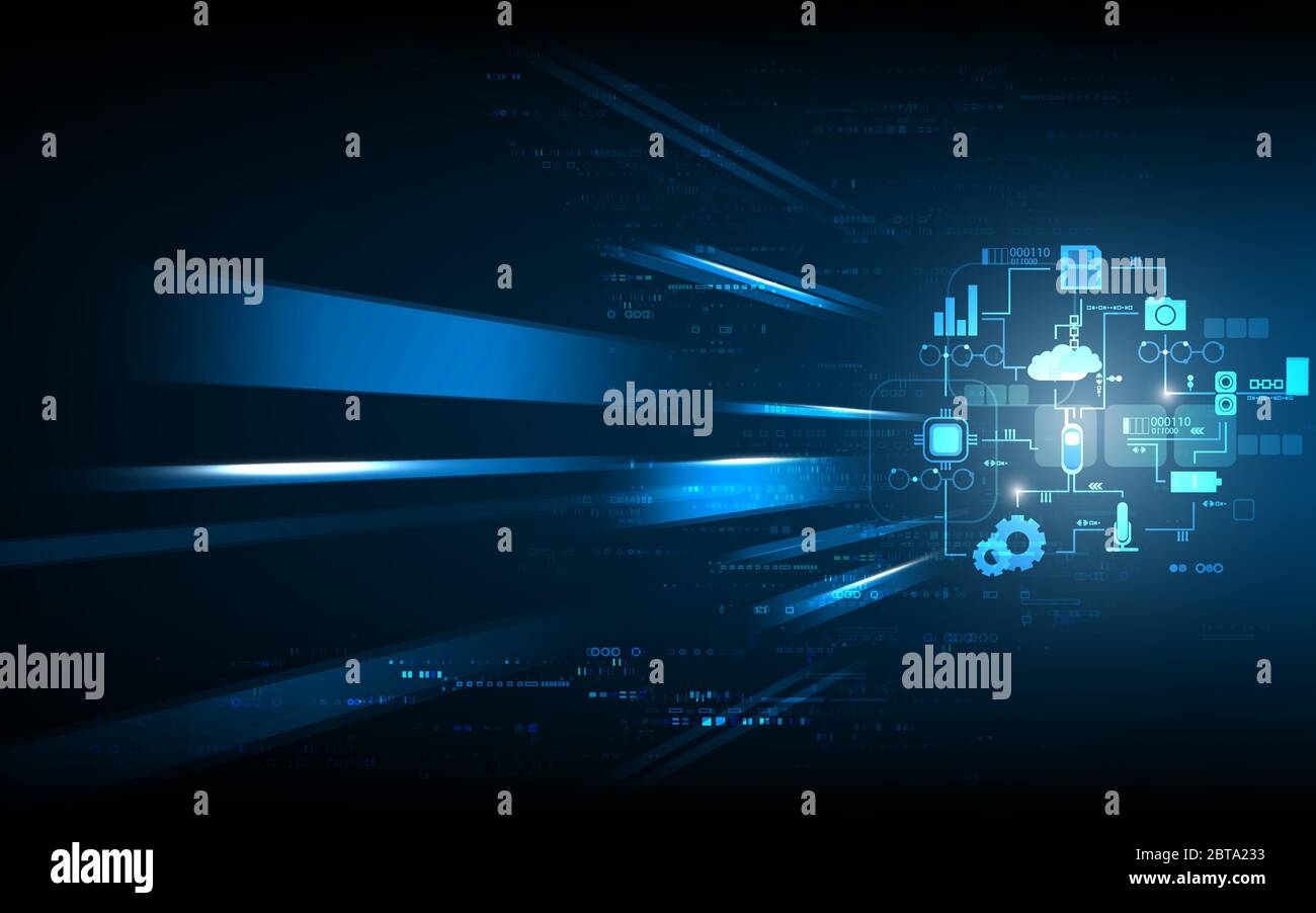 Résumé structure numérique éléments technologie communication réseau conception, fond bleu système futuriste de science de l'énergie. Illustration de Vecteur