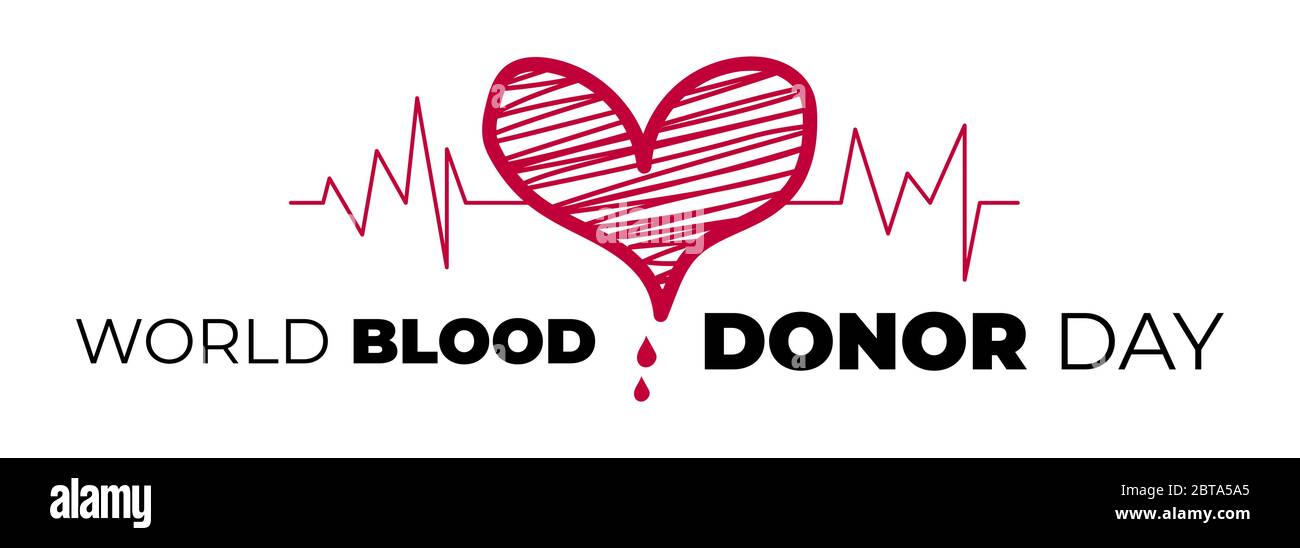 Illustration de la journée mondiale du don de sang. Coeur stylisé avec goutte, date et composition typographique. Symbole de don de sang. Illustration de Vecteur
