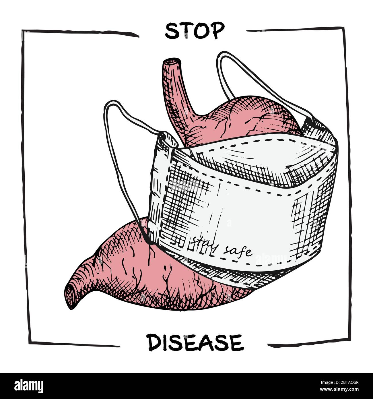 Estomac avec masque médical. Icône réaliste dessinée à la main des organes internes humains. Gravure art. Style d'esquisse. Concept de conception pour vos projets médicaux Illustration de Vecteur