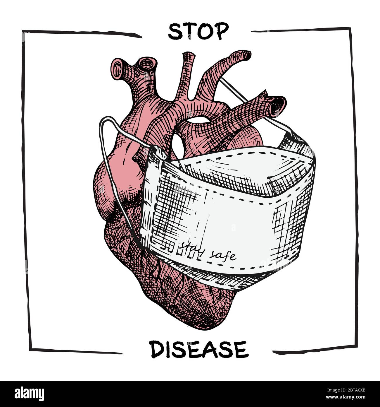 Cœur avec masque médical. Icône réaliste dessinée à la main des organes internes humains. Gravure art. Style d'esquisse. Concept de conception pour vos projets médicaux Illustration de Vecteur
