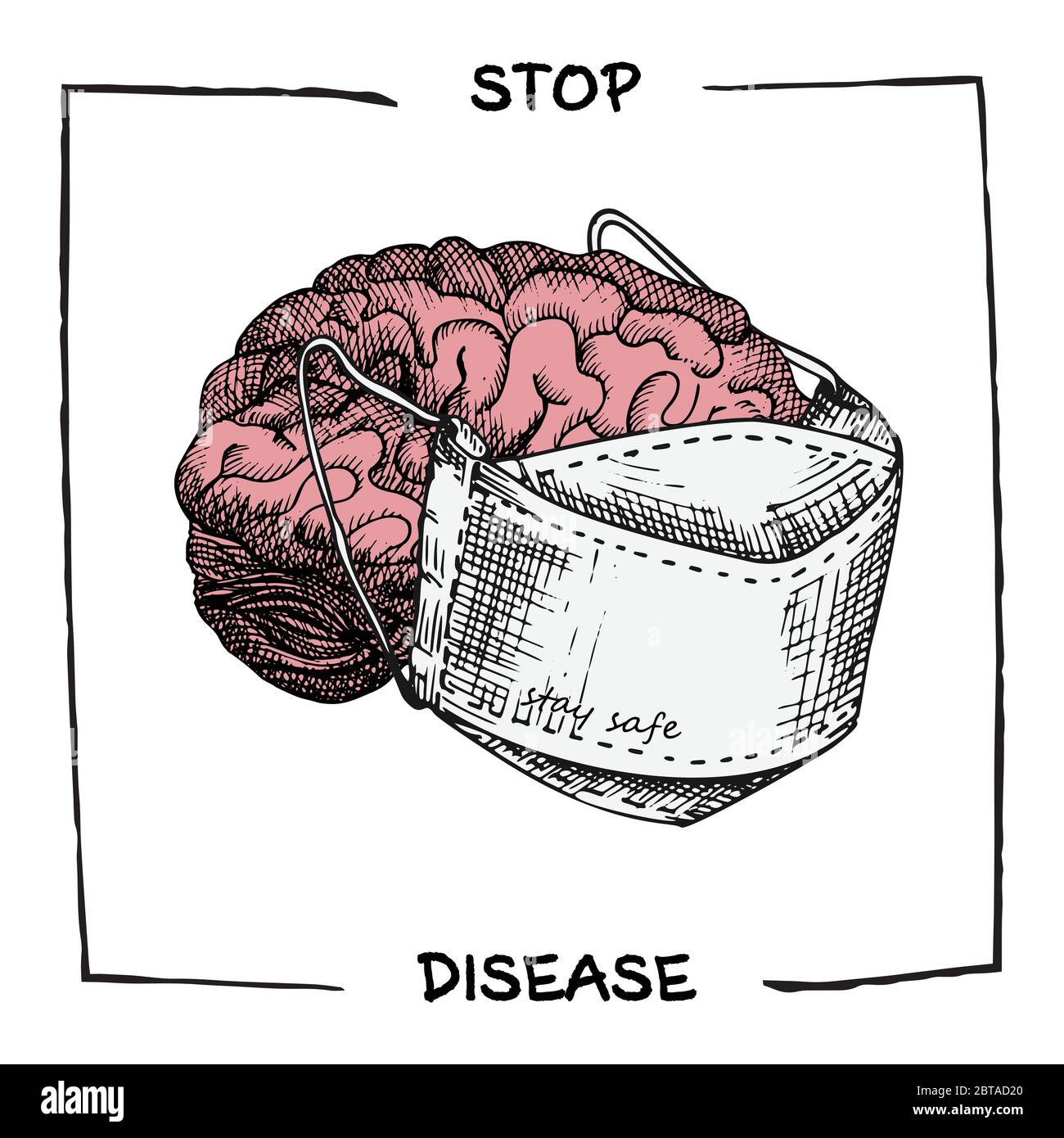 Cerveau avec masque médical. Icône réaliste dessinée à la main des organes internes humains. Gravure art. Style d'esquisse. Concept de conception pour vos projets médicaux Illustration de Vecteur