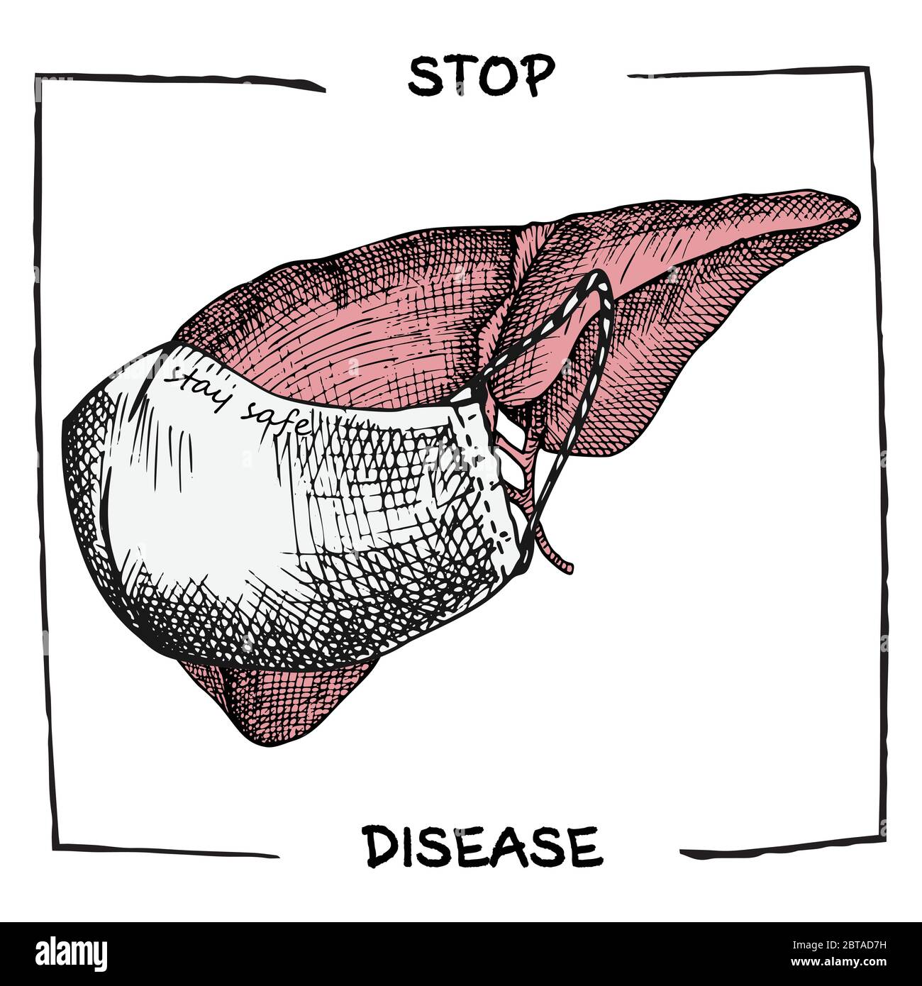 Foie avec masque médical. Icône réaliste dessinée à la main des organes internes humains. Gravure art. Style d'esquisse. Concept de conception pour vos projets médicaux Illustration de Vecteur