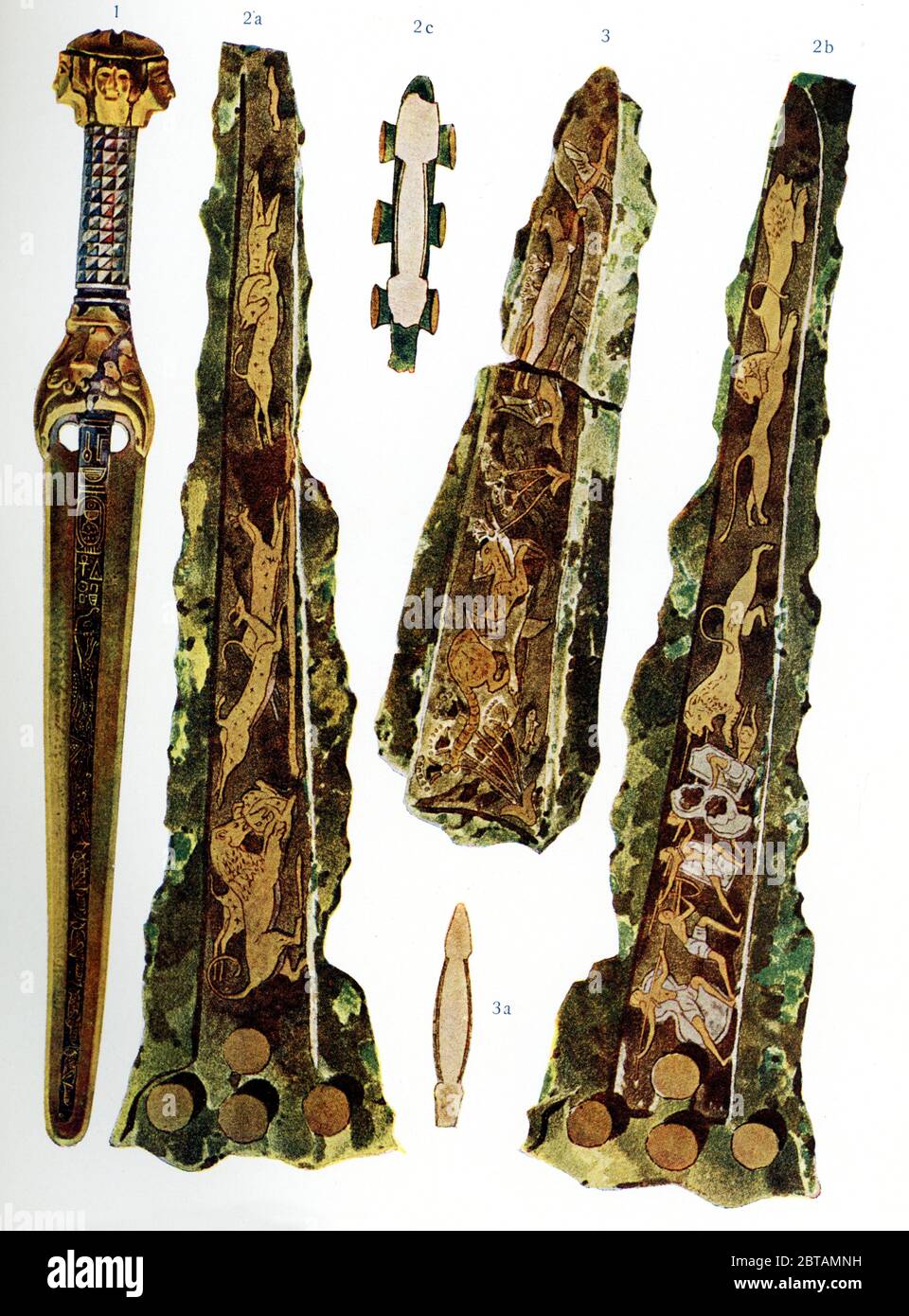 Cette illustration montre des poignards de l'Égypte ancienne (1) et de la ville grecque de Mycenae (2 et 3) à l'âge de bronze avec des motifs incrusté. Ce sont des illustrations de découvertes découvertes du début du XXe siècle. Banque D'Images