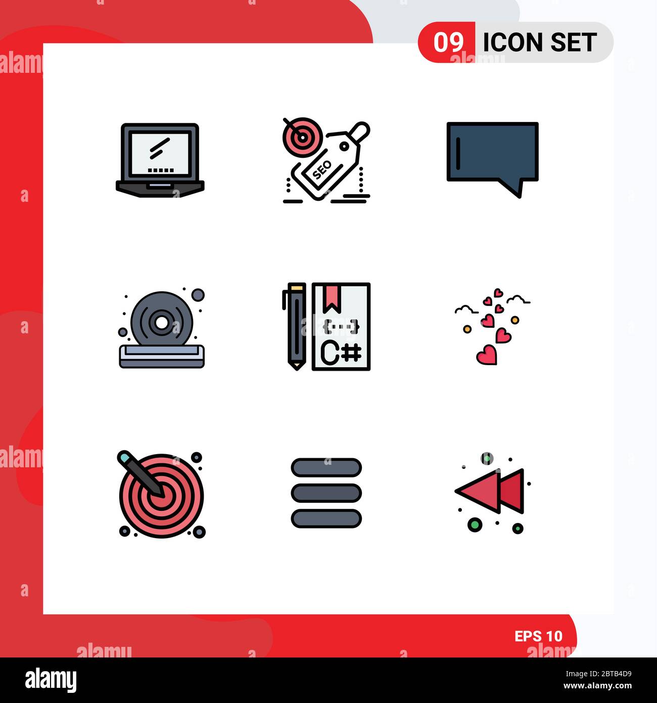 9 interface utilisateur couleur plate Filledline Pack de signes et symboles modernes de c, qualité, remise, dvd, message modifiable éléments de conception vectorielle Illustration de Vecteur